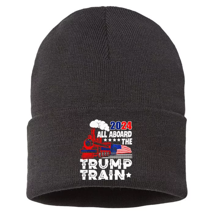 Trump 2024 All Aboard The Trump Train Usa American Flag Sustainable Knit Beanie