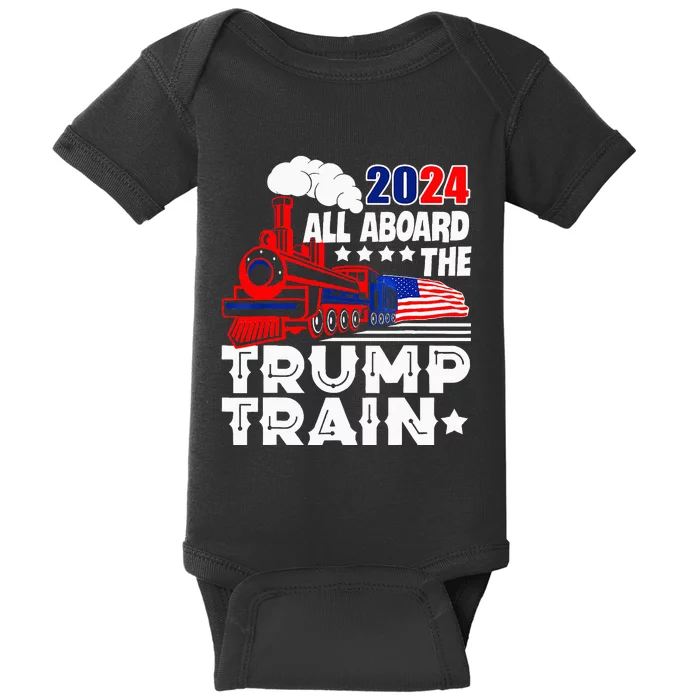 Trump 2024 All Aboard The Trump Train Usa American Flag Baby Bodysuit