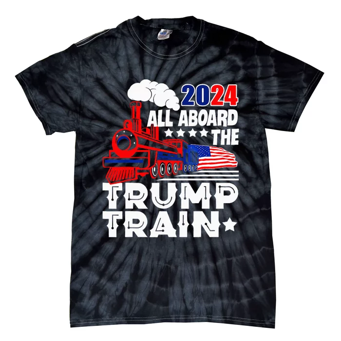 Trump 2024 All Aboard The Trump Train Usa American Flag Tie-Dye T-Shirt