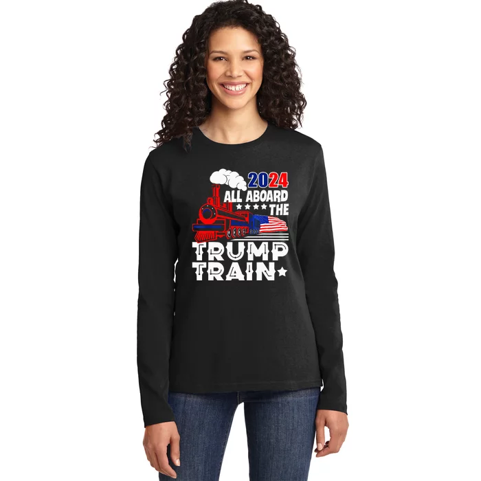 Trump 2024 All Aboard The Trump Train Usa American Flag Ladies Long Sleeve Shirt