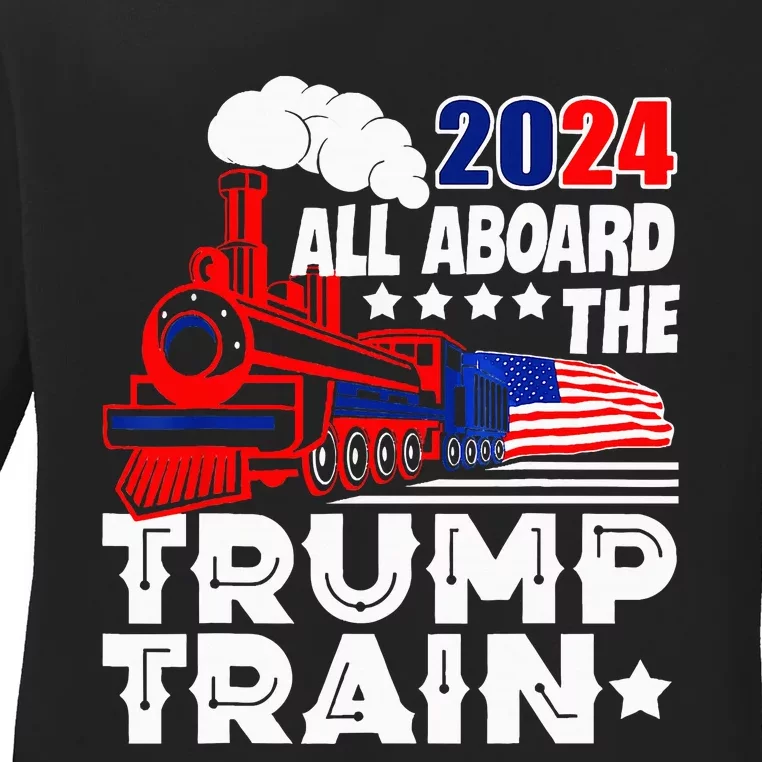 Trump 2024 All Aboard The Trump Train Usa American Flag Ladies Long Sleeve Shirt