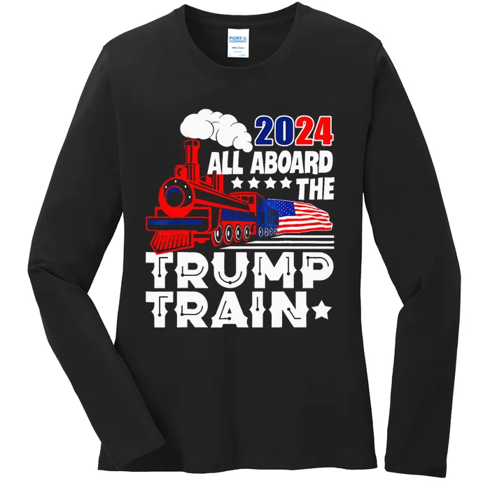 Trump 2024 All Aboard The Trump Train Usa American Flag Ladies Long Sleeve Shirt