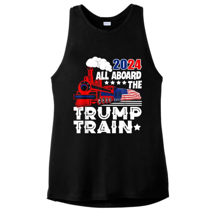 Trump 2024 All Aboard The Trump Train Usa American Flag Ladies Tri-Blend Wicking Tank