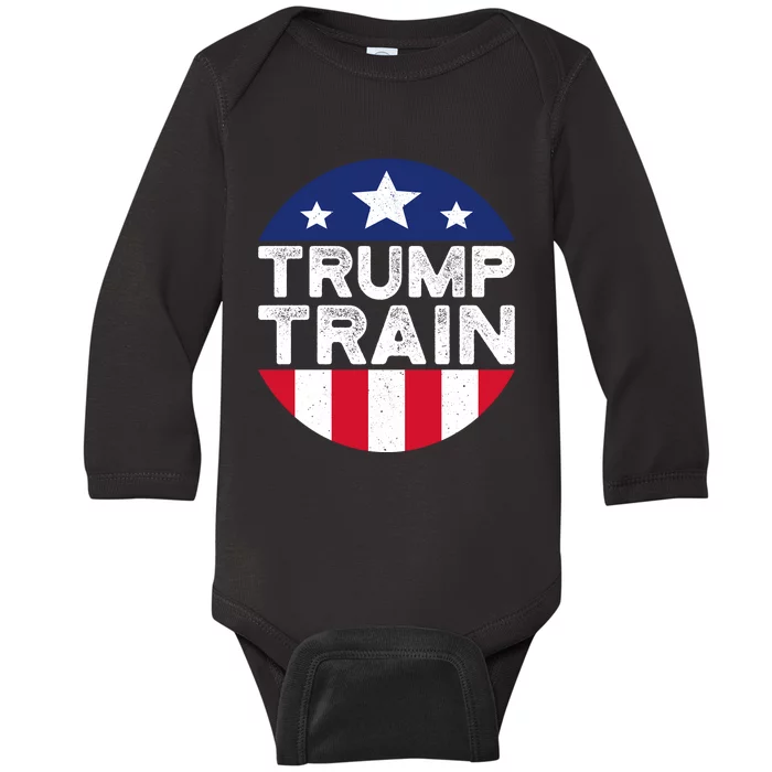 Trump 2024 All Aboard The Trump Train Usa American Flag Baby Long Sleeve Bodysuit