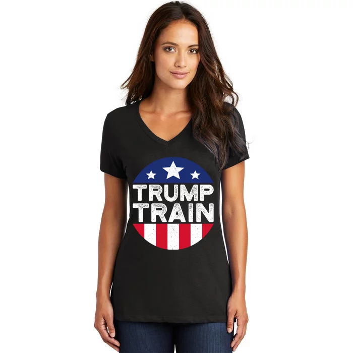 Trump 2024 All Aboard The Trump Train Usa American Flag Women's V-Neck T-Shirt