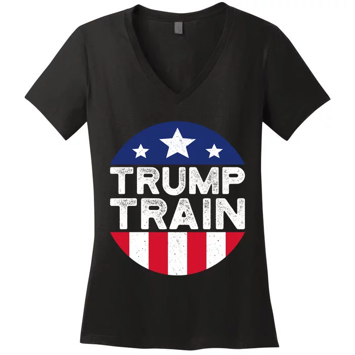 Trump 2024 All Aboard The Trump Train Usa American Flag Women's V-Neck T-Shirt