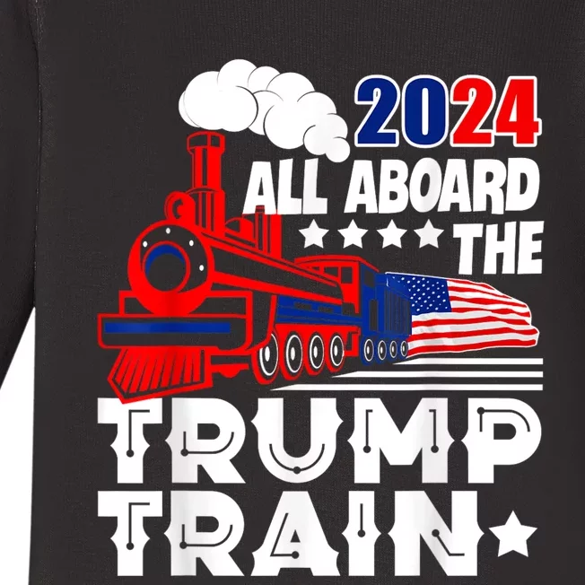 Trump 2024 All Aboard The Trump Train Usa American Flag Baby Long Sleeve Bodysuit