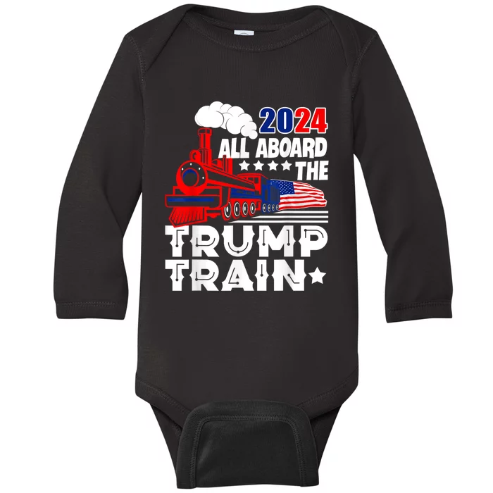 Trump 2024 All Aboard The Trump Train Usa American Flag Baby Long Sleeve Bodysuit