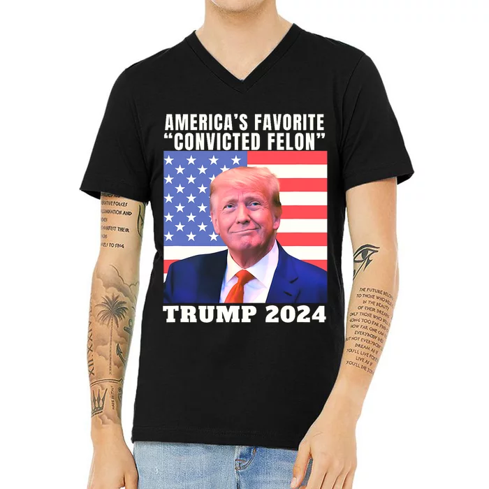 Trump 2024 AmericaS Favorite Convicted Felon American Flag V-Neck T-Shirt