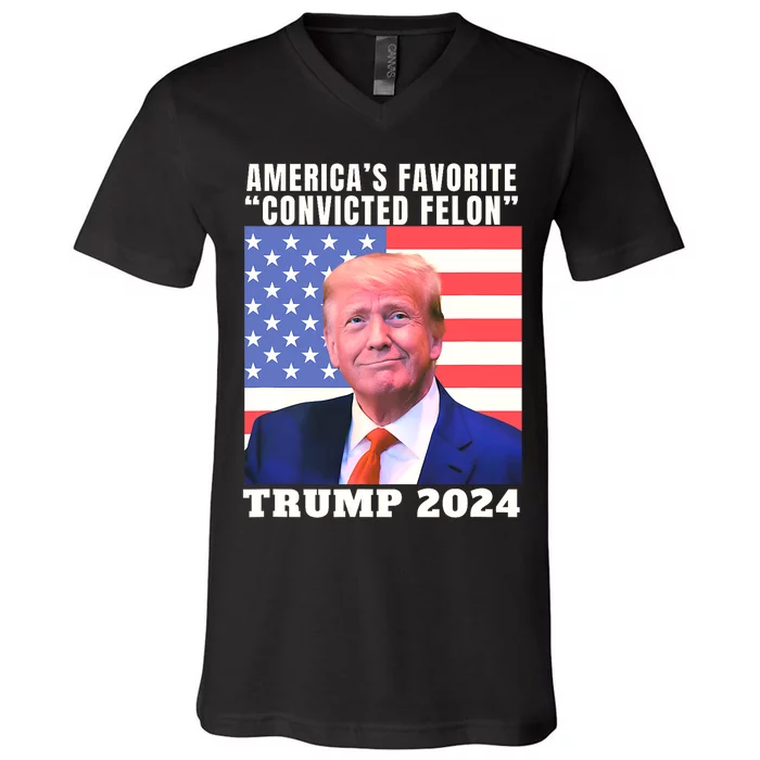 Trump 2024 AmericaS Favorite Convicted Felon American Flag V-Neck T-Shirt