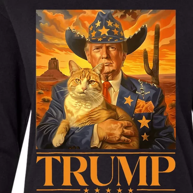 Trump 2024 And Cat Western Cowboy Patriotic Womens Cotton Relaxed Long Sleeve T-Shirt