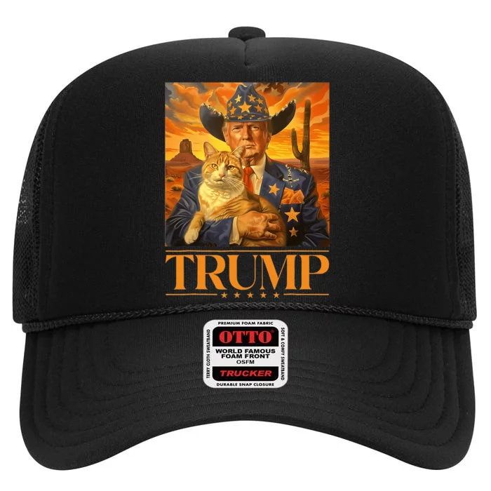 Trump 2024 And Cat Western Cowboy Patriotic High Crown Mesh Trucker Hat