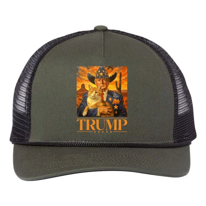 Trump 2024 And Cat Western Cowboy Patriotic Retro Rope Trucker Hat Cap