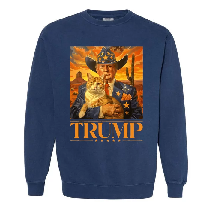 Trump 2024 And Cat Western Cowboy Patriotic Garment-Dyed Sweatshirt