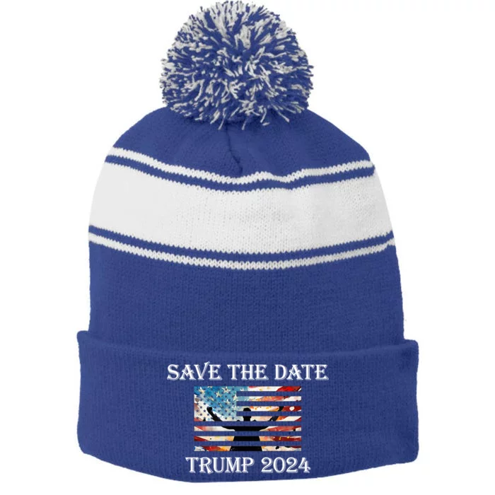 Trump 2024 American Flag Save The Date Take America Back Great Gift Stripe Pom Pom Beanie