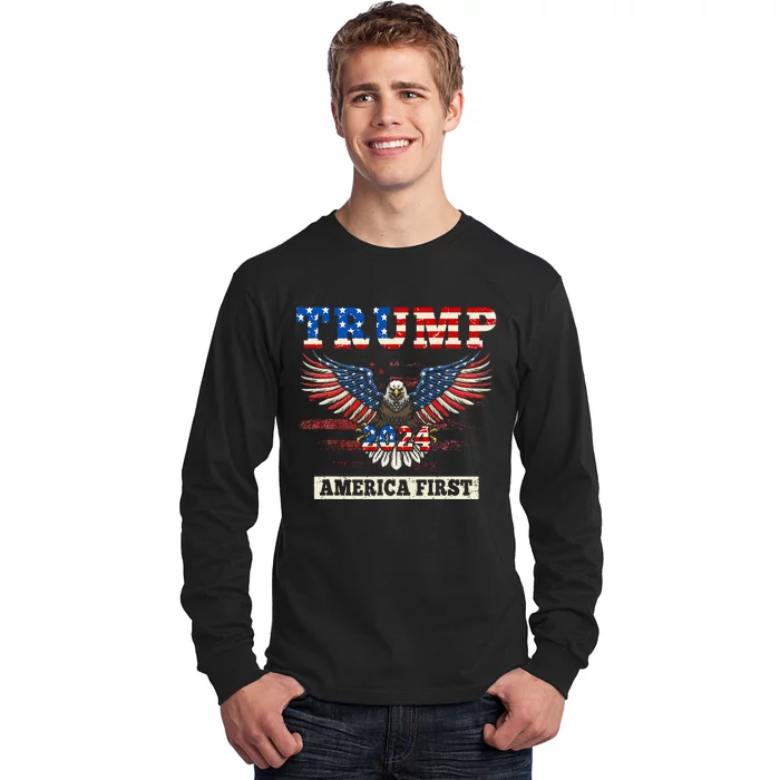 Trump 2024 America First Bald Eagle Pro Trump Usa Flag Long Sleeve Shirt