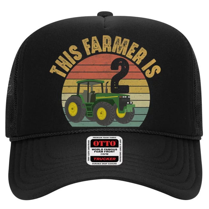 Tractor 2nd Birthday 2 Year Old Farmer Farm Theme Bday Party High Crown Mesh Trucker Hat