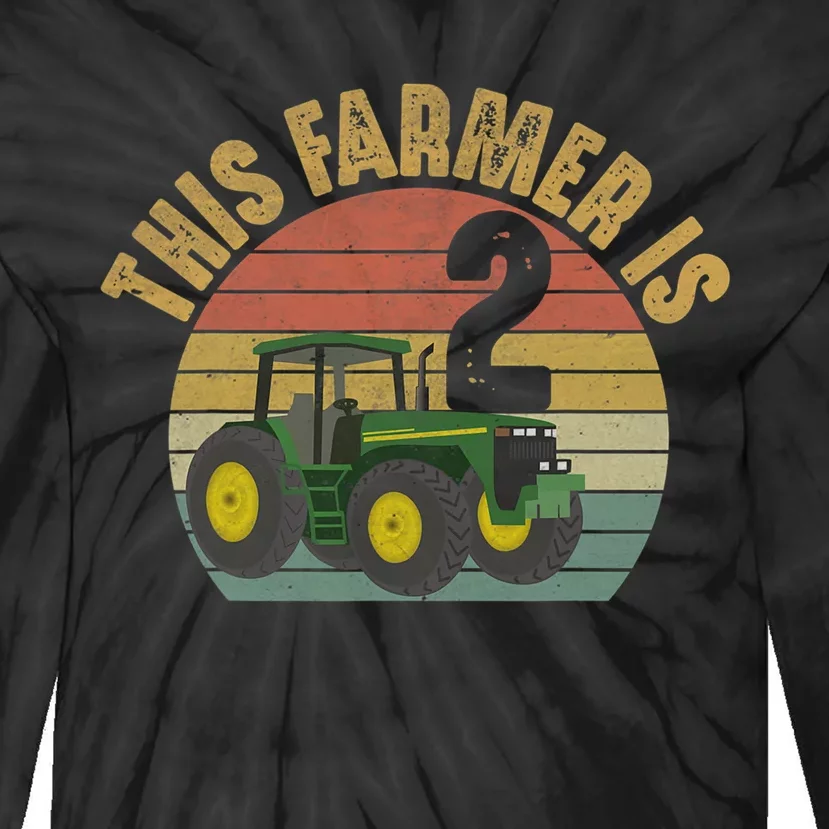 Tractor 2nd Birthday 2 Year Old Farmer Farm Theme Bday Party Tie-Dye Long Sleeve Shirt