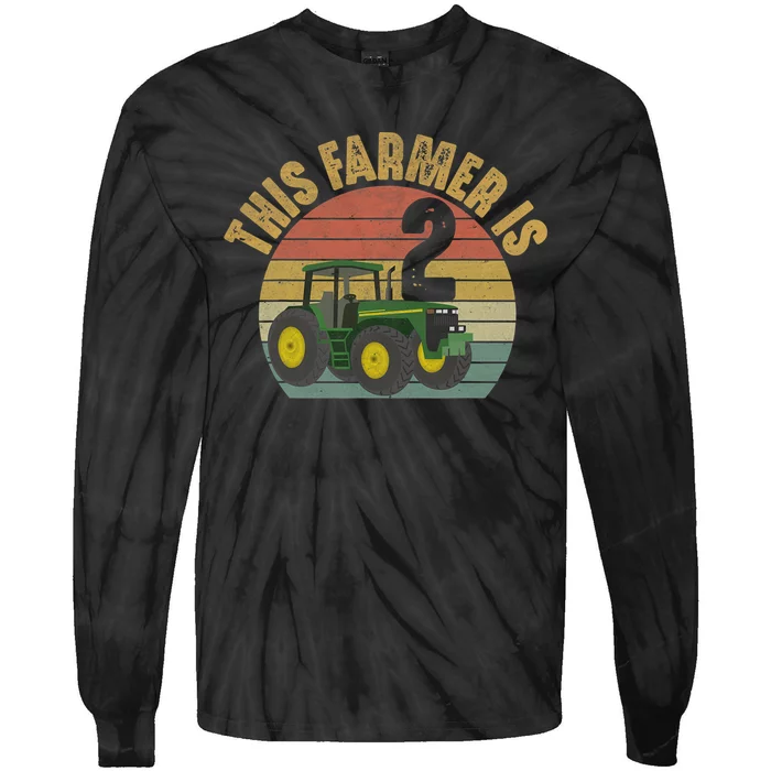 Tractor 2nd Birthday 2 Year Old Farmer Farm Theme Bday Party Tie-Dye Long Sleeve Shirt