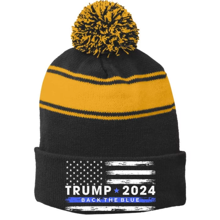 Trump 2024 Back The Blue Thin Gift Stripe Pom Pom Beanie