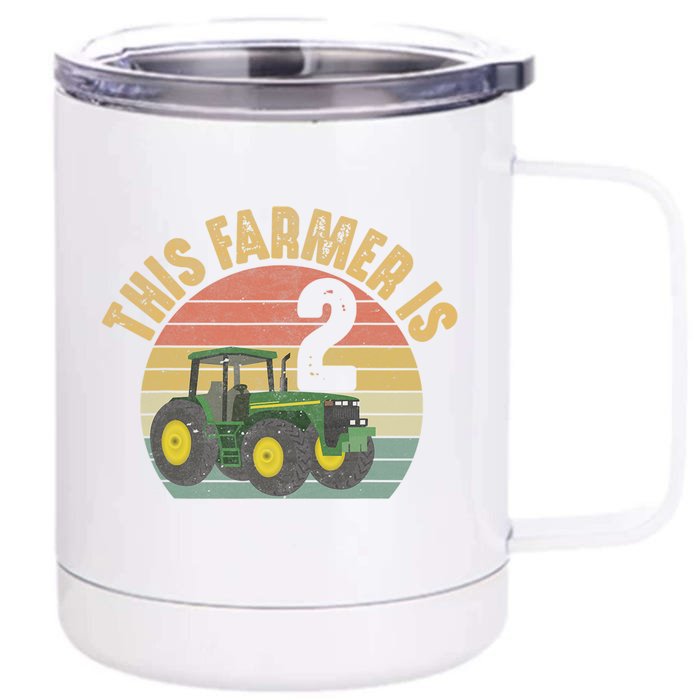 Tractor 2nd Birthday 2 Year Old Farmer Farm Theme Bday Party Front & Back 12oz Stainless Steel Tumbler Cup