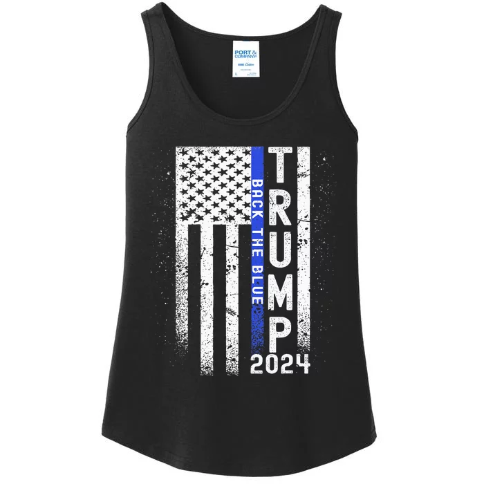 Trump 2024 Back The Blue American Flag Blue Line Ladies Essential Tank