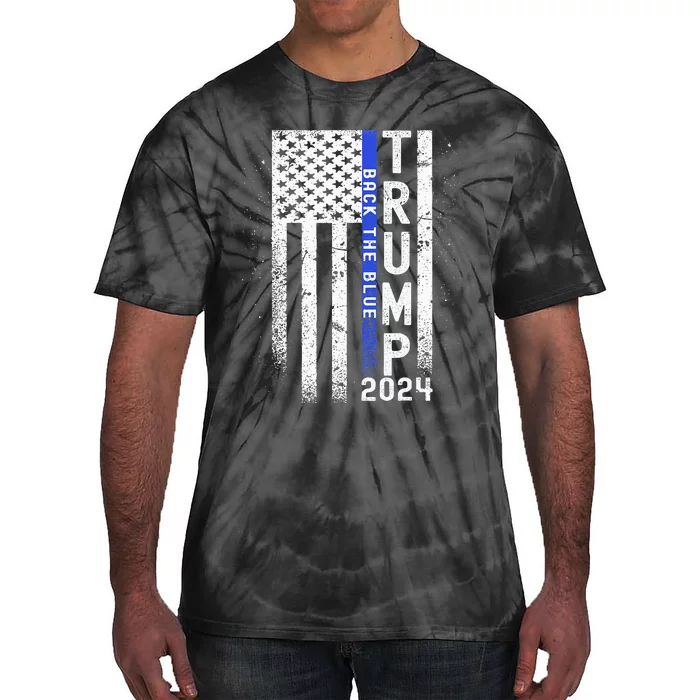 Trump 2024 Back The Blue American Flag Blue Line Tie-Dye T-Shirt