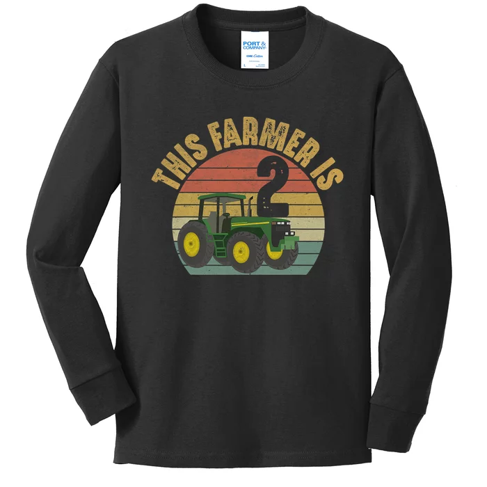 Tractor 2nd Birthday 2 Year Old Farmer Farm Theme Bday Party Kids Long Sleeve Shirt