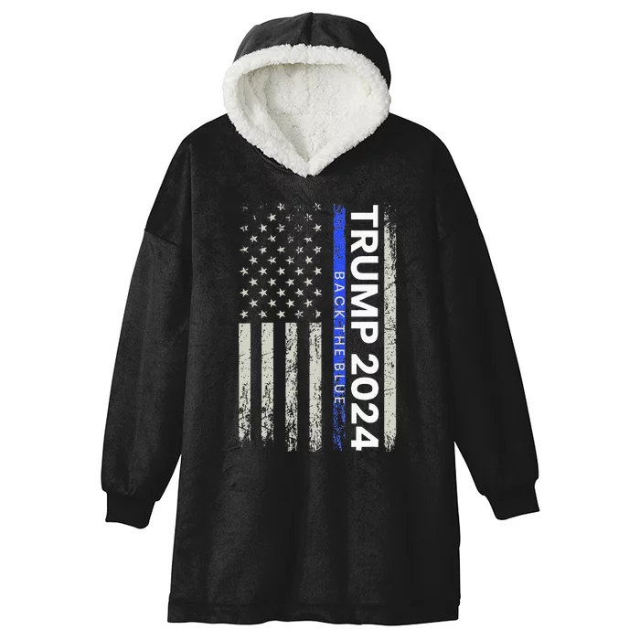 Trump 2024 Back The Blue Thin Blue Line Police American Flag Hooded Wearable Blanket