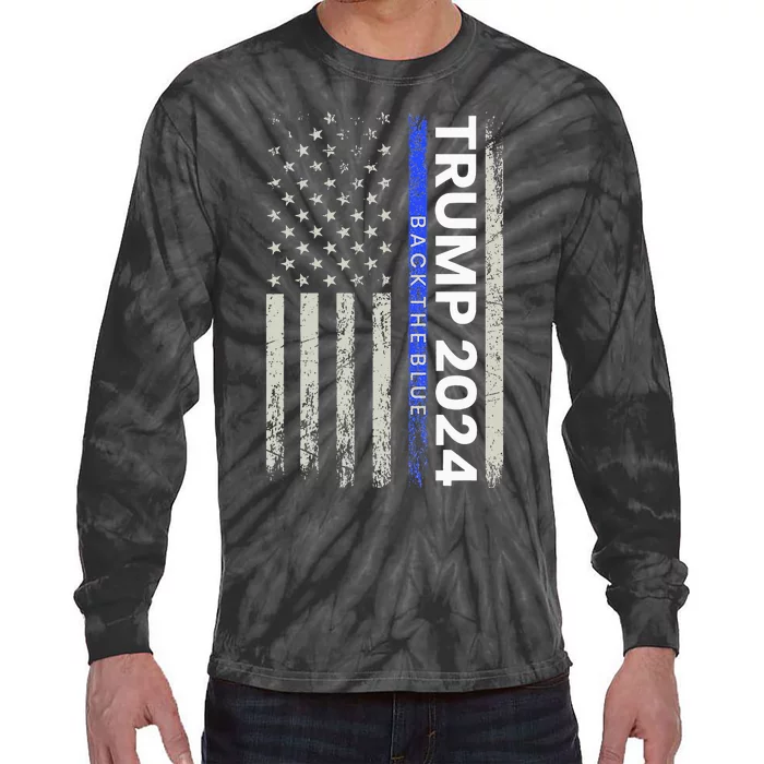 Trump 2024 Back The Blue Thin Blue Line Police American Flag Tie-Dye Long Sleeve Shirt