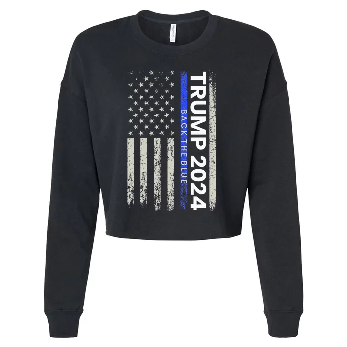 Trump 2024 Back The Blue Thin Blue Line Police American Flag Cropped Pullover Crew