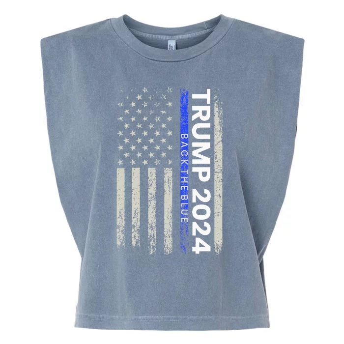 Trump 2024 Back The Blue Thin Blue Line Police American Flag Garment-Dyed Women's Muscle Tee