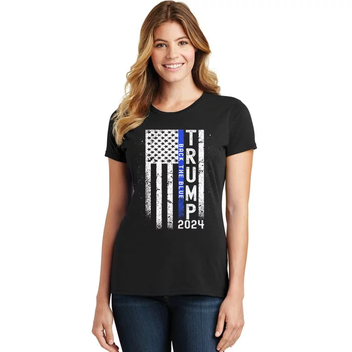 Trump 2024 Back The Blue American Flag Blue Line Women's T-Shirt