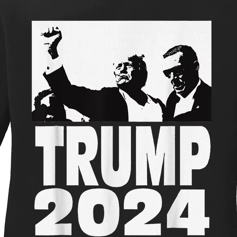 Trump 2024 Bulletproof Teflon Don Rally Shooting Fist Pump Ladies Long Sleeve Shirt