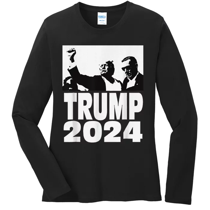 Trump 2024 Bulletproof Teflon Don Rally Shooting Fist Pump Ladies Long Sleeve Shirt