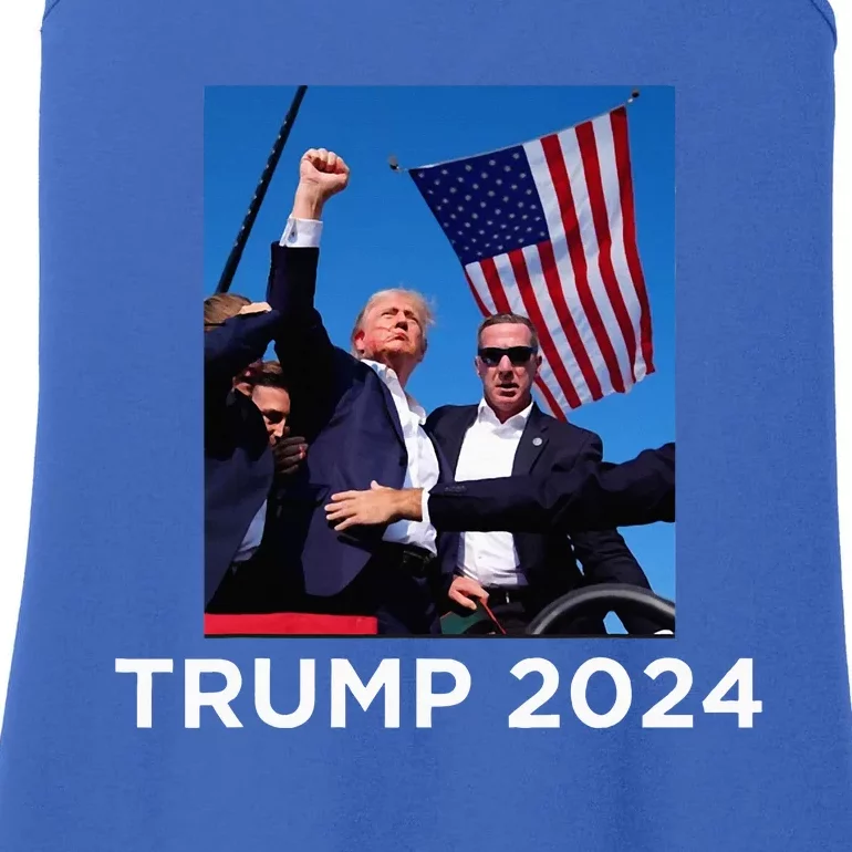 Trump 2024 Campaign Rally – Fist Pumping With American Flag Ladies Essential Tank