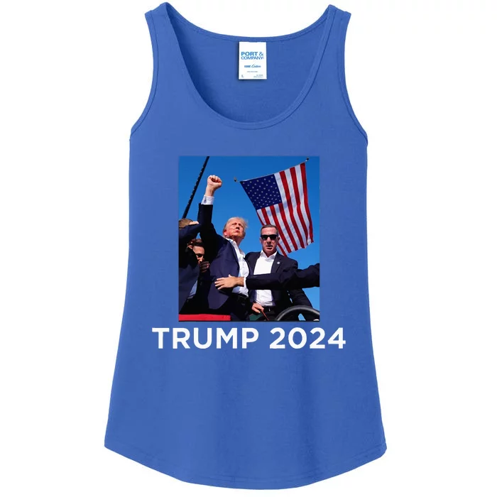 Trump 2024 Campaign Rally – Fist Pumping With American Flag Ladies Essential Tank