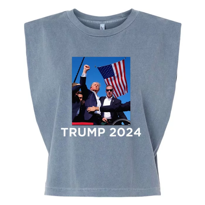 Trump 2024 Campaign Rally – Fist Pumping With American Flag Garment-Dyed Women's Muscle Tee