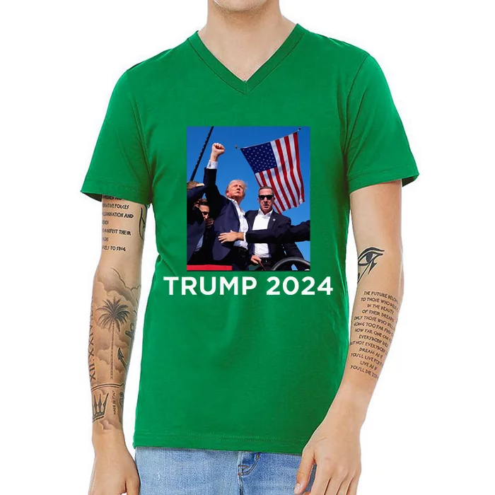 Trump 2024 Campaign Rally – Fist Pumping With American Flag V-Neck T-Shirt