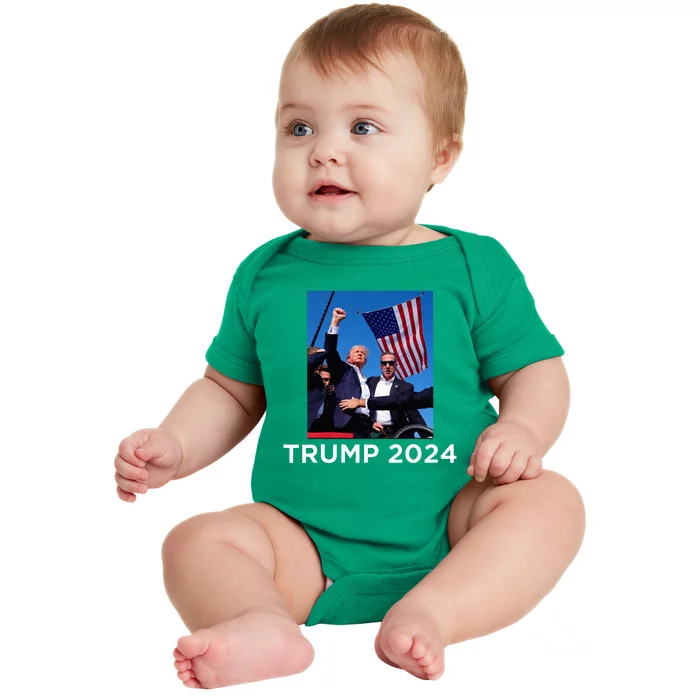 Trump 2024 Campaign Rally – Fist Pumping With American Flag Baby Bodysuit