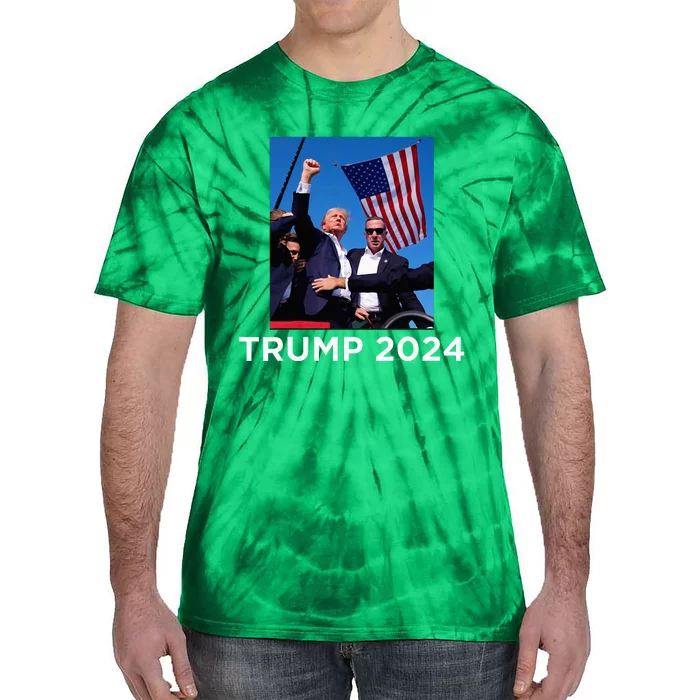 Trump 2024 Campaign Rally – Fist Pumping With American Flag Tie-Dye T-Shirt