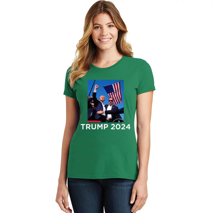 Trump 2024 Campaign Rally – Fist Pumping With American Flag Women's T-Shirt