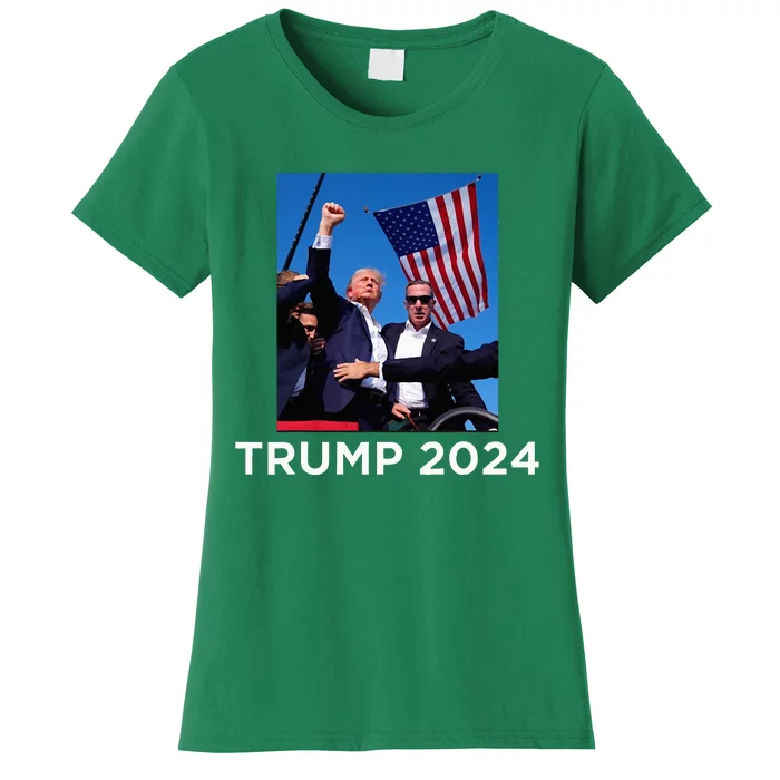 Trump 2024 Campaign Rally – Fist Pumping With American Flag Women's T-Shirt