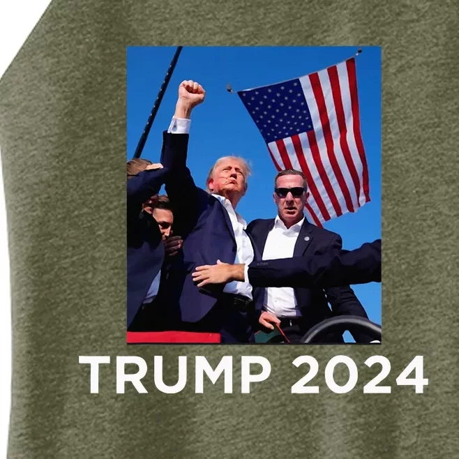 Trump 2024 Campaign Rally – Fist Pumping With American Flag Women’s Perfect Tri Rocker Tank