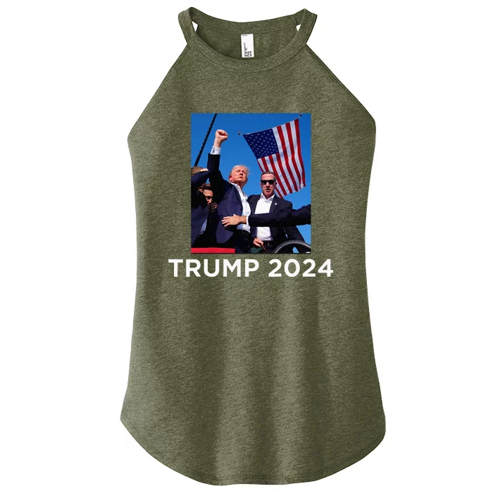 Trump 2024 Campaign Rally – Fist Pumping With American Flag Women’s Perfect Tri Rocker Tank