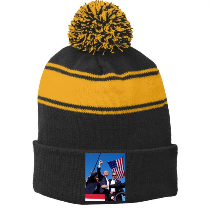 Trump 2024 Donald Trump Fist Pump Stripe Pom Pom Beanie