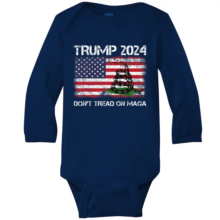 Trump 2024 DonT Tread On Maga American Us Flag Snake Baby Long Sleeve Bodysuit