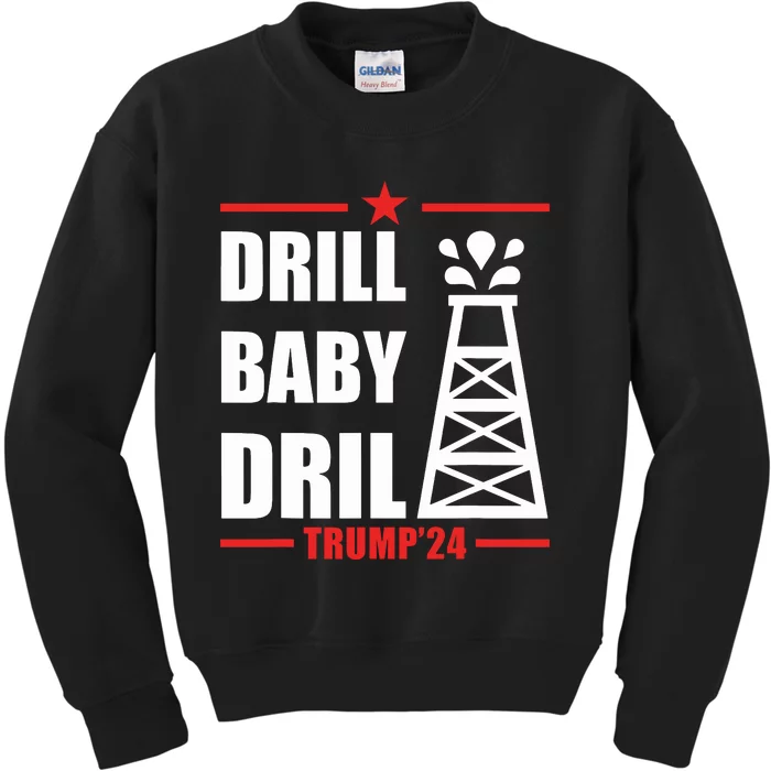 Trump 2024 Drill Baby Drill Gas Oil Rig Illustration Kids Sweatshirt