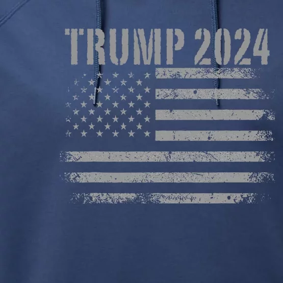 Trump 2024 Distressed American Flag Usa Patriotic Performance Fleece Hoodie