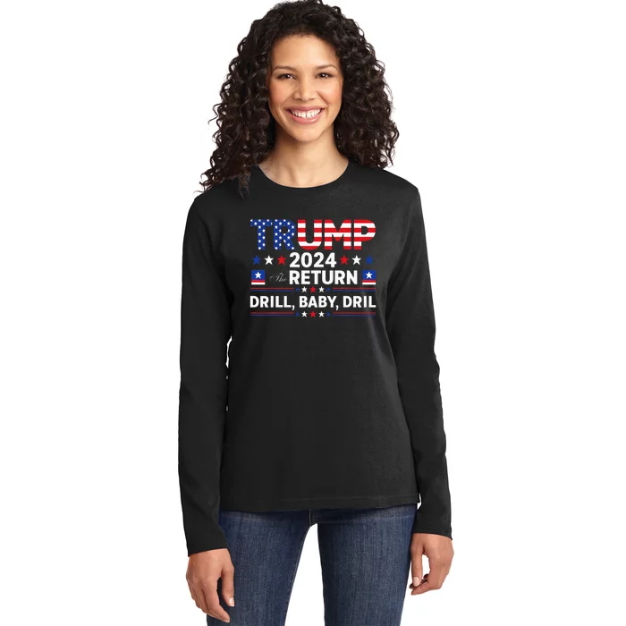 Trump 2024 Drill Baby Drill Us Flag Republican Ladies Long Sleeve Shirt